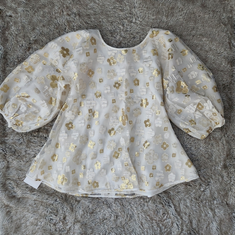 Free People Arianne Elmy White & Gold Organza Good Luck Dress Women's Size Large - Picture 3 of 14